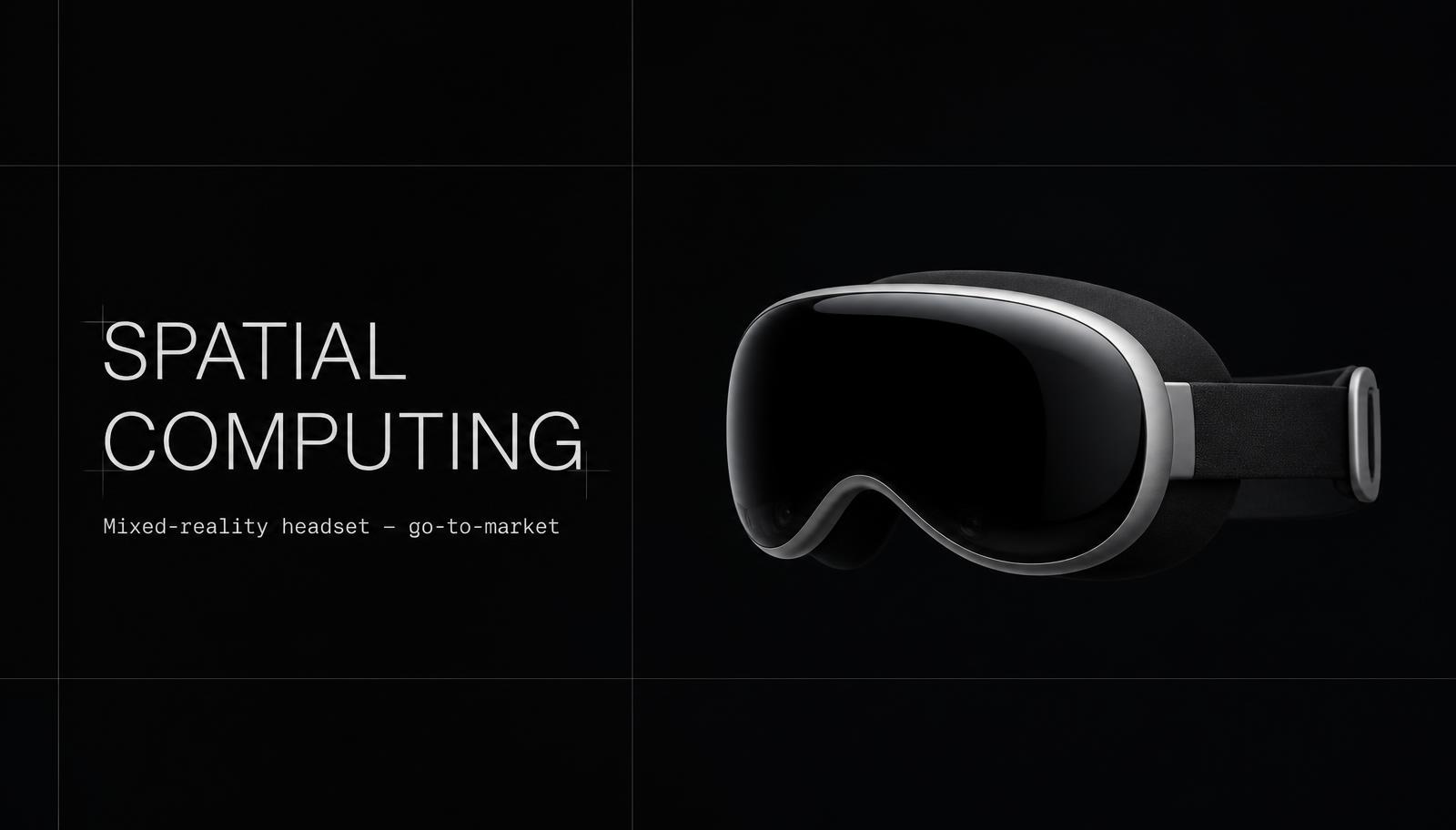 Vision Pro launch deck title slide with a mixed-reality headset